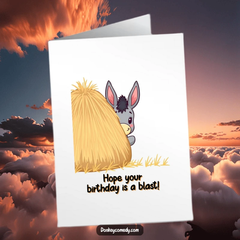 Funny Free Printable Birthday Card: A donkey playfully peeks from behind a large haystack, wishing happy birthday.