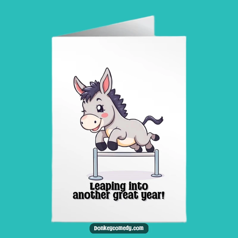 Free Printable Leap Donkey Birthday Card: Funny Jumping Design for a Joyful Downloadable Gift