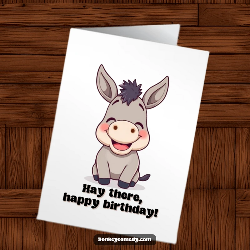 Funny Free Printable Birthday Card: A donkey with a huge grin and wide eyes, letting out a cheerful bray.