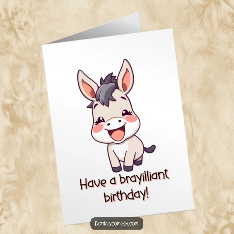 Funny Free Printable Birthday Card: A kawaii donkey lets out a happy bray, ears perked in pure amusement.