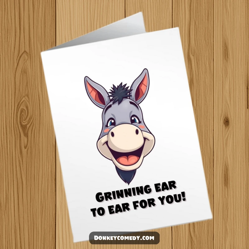 Funny Free Printable Birthday Card: Donkey with a wide, toothy grin, radiating pure birthday cheer.