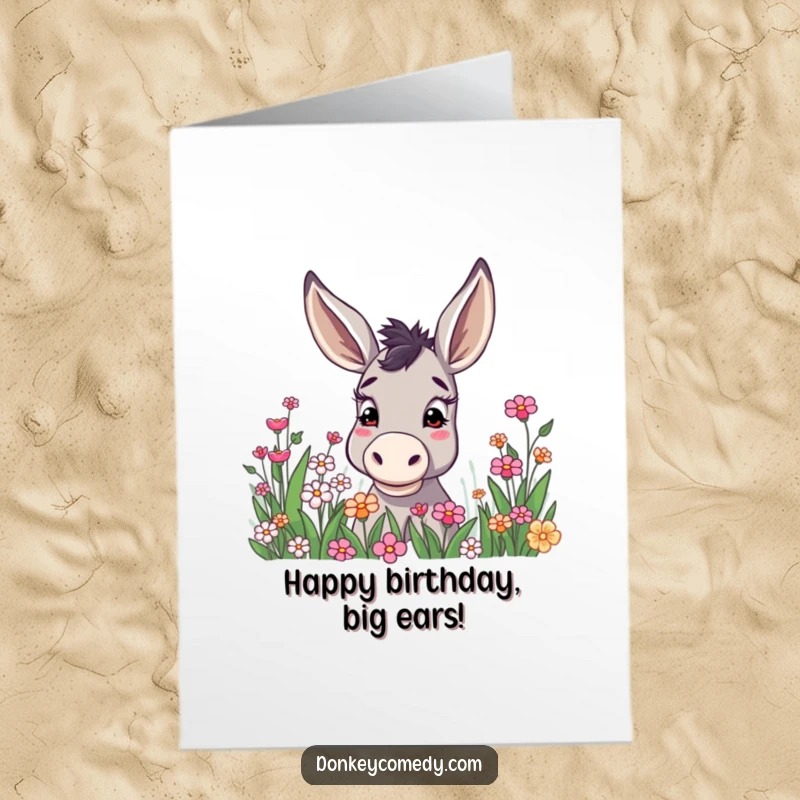 Funny Free Printable Birthday Card: A donkey with ears held high curiously peering into a flower patch, a sweet downloadable design.