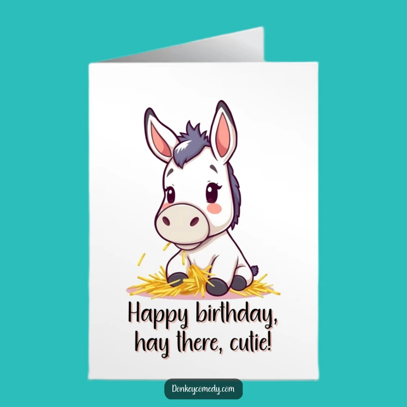Free Printable Birthday Card: Kawaii Donkey Hay Muncher - Funny Downloadable Gift