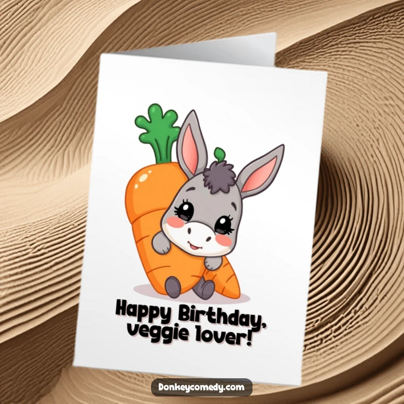 Funny Free Printable Birthday Card: Donkey peeking from behind a giant ripe carrot, a humorous, downloadable birthday surprise awaits.