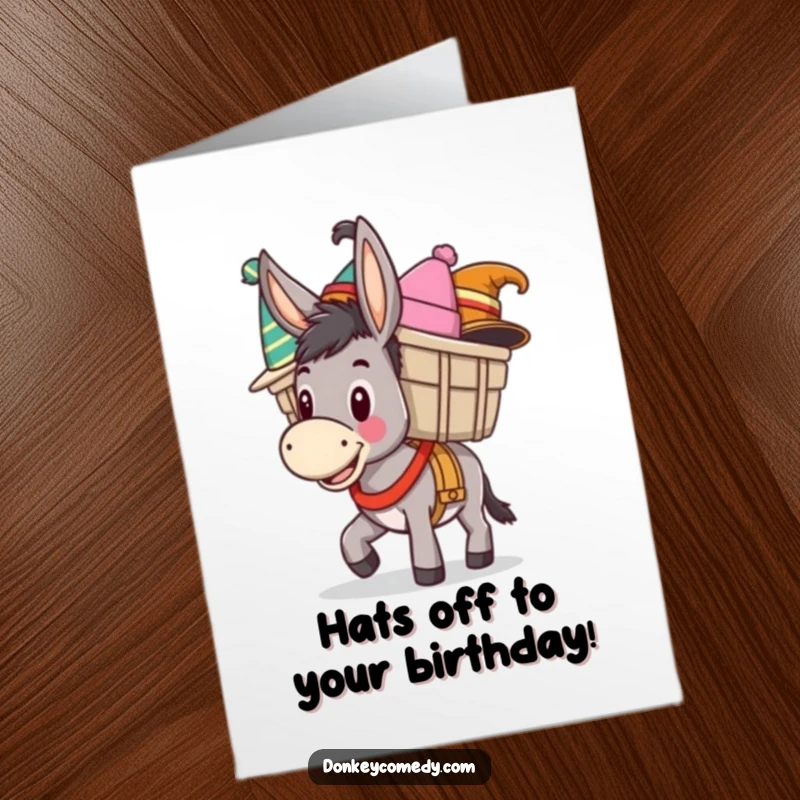 Funny Free Printable Birthday Card: A happy donkey is overloaded with a colorful assortment of silly hats, ready to party.