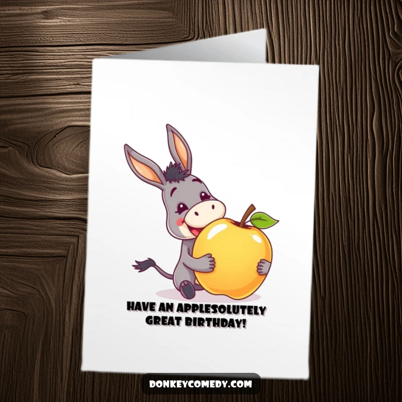 Funny Free Printable Birthday Card: A delighted donkey with a huge grin receiving an oversized apple, clearly thrilled with its treat.