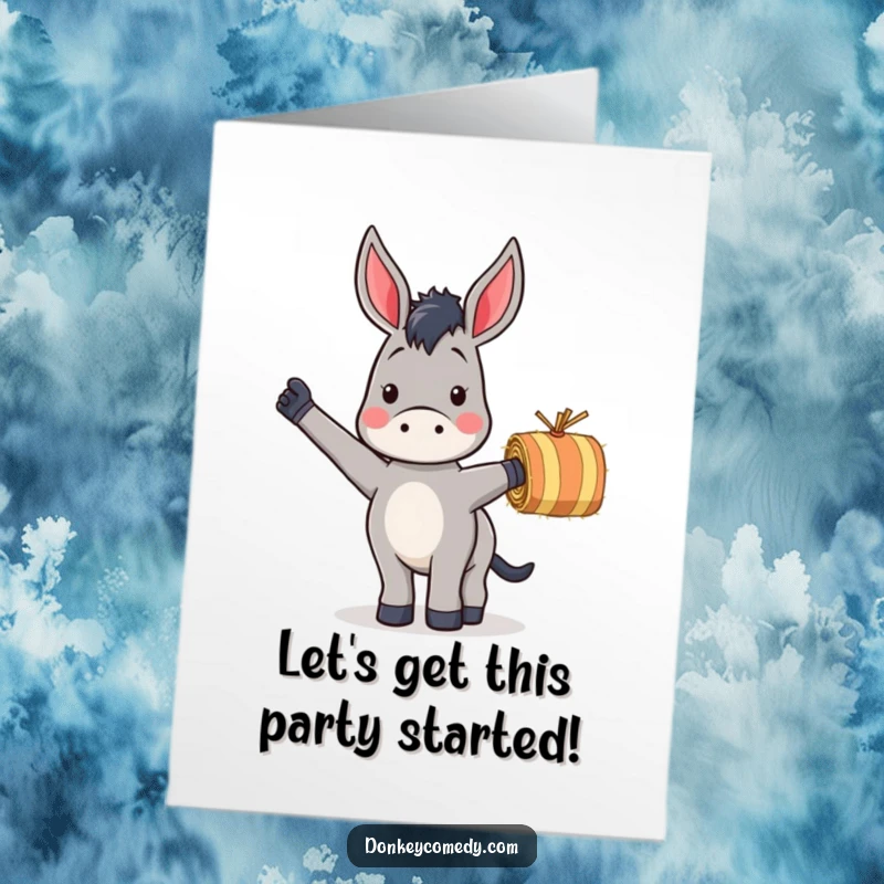Funny Free Printable Birthday Card featuring a donkey enthusiastically waving a small, striped hay bale, bringing country charm.