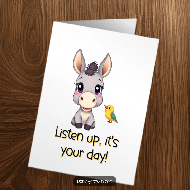 Funny free printable birthday card showing a donkey with big curious eyes attentively listening to a chirping bird.