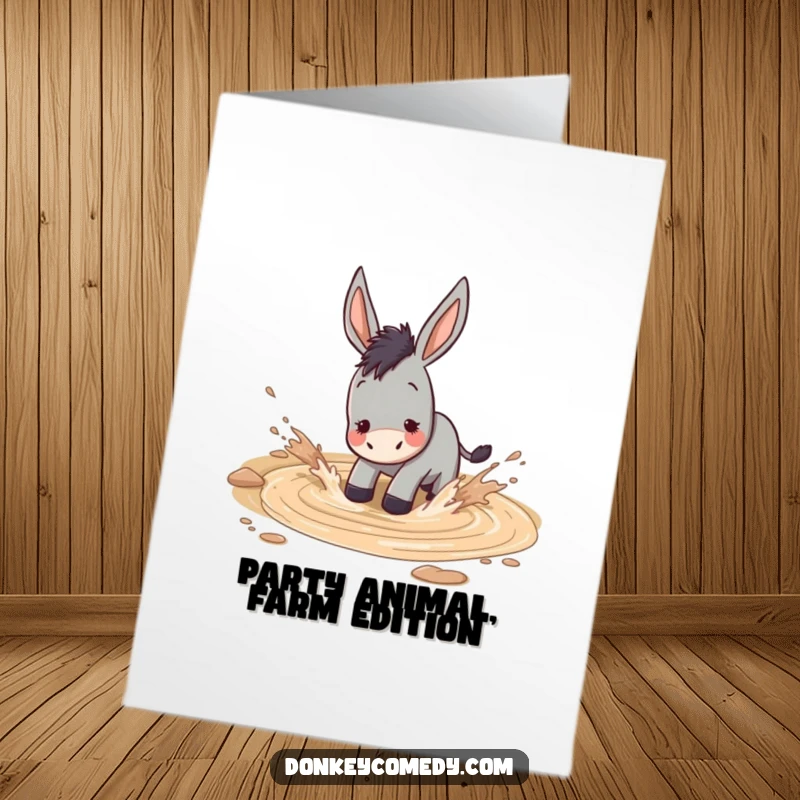 Funny Free Printable Birthday Card: A donkey joyfully splashes around in a big, muddy puddle with abandon.