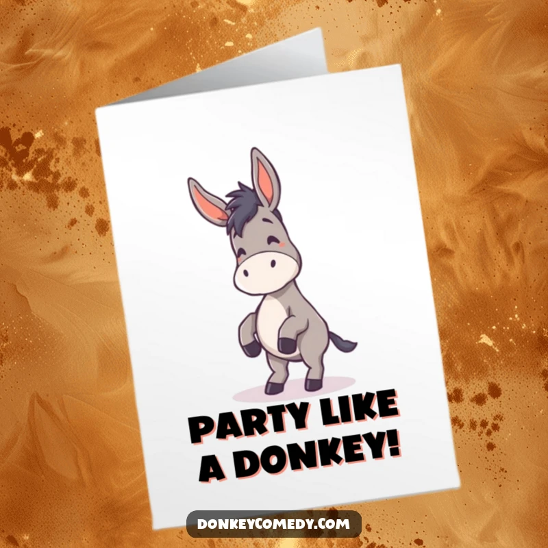 Funny Free Printable Birthday Card: A donkey joyfully dances with its ears flopping, celebrating a birthday in style.