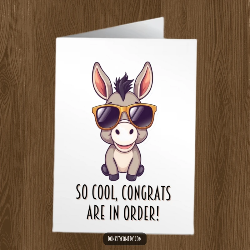 Funny Free Printable Congratulations Card: A happy donkey looking very cool and stylish in oversized sunglasses.