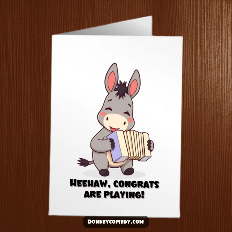 Funny Free Printable Congrats Card: A smiling donkey enthusiastically playing a small accordion, celebrating success.