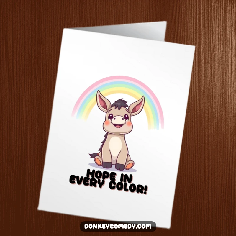 Free Printable Congratulations Card: A donkey beholds a magnificent rainbow overhead with a look of pure wonder and aspiration.