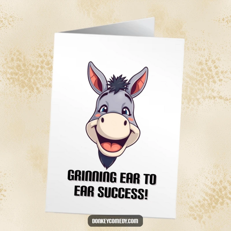 Funny Free Printable Congrats Card: Donkey beaming with a wide, toothy grin, celebrating your success.