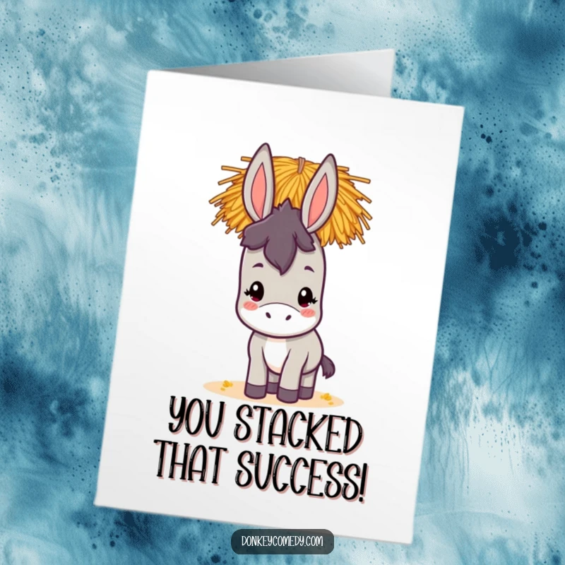 Funny Free Printable Congratulations Card showing a cute donkey skillfully balancing a huge stack of hay on its head.