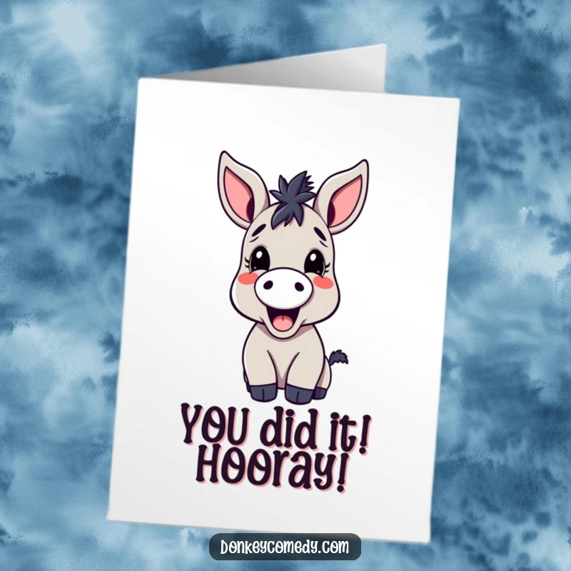 Funny Free Printable Congrats Card: Kawaii donkey with large ears joyfully braying out loud news of congratulations, a hilarious downloadable.