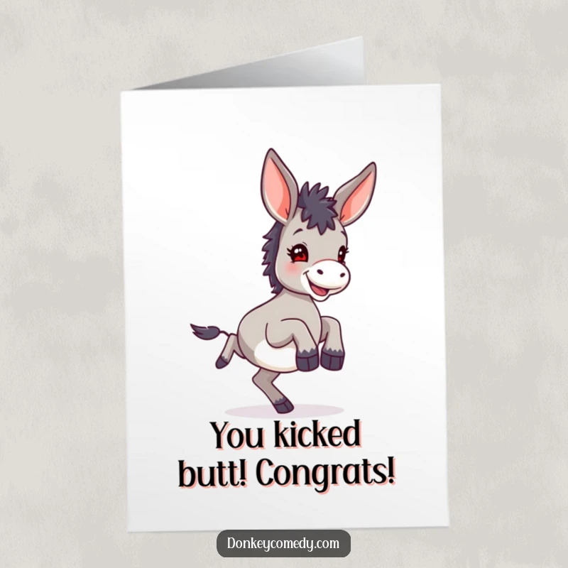 Funny Free Printable Congratulations Card: A small donkey with large ears kicking exuberantly, celebrating success with a hilarious printable design.