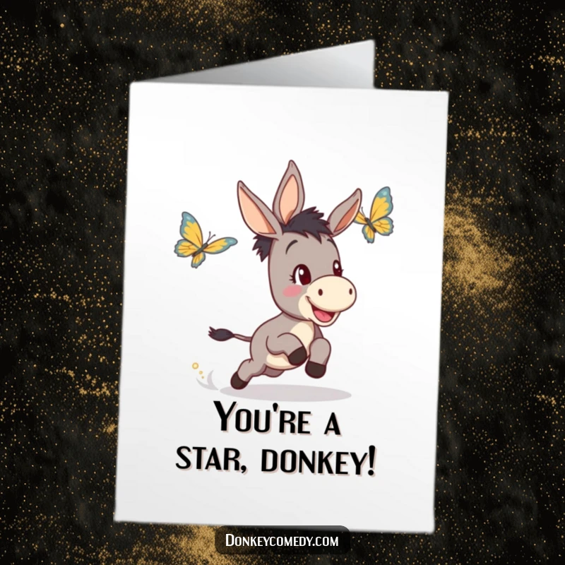 Funny Free Printable Congratulations Card: A determined donkey playfully pursues a butterfly, symbolizing successful endeavors.