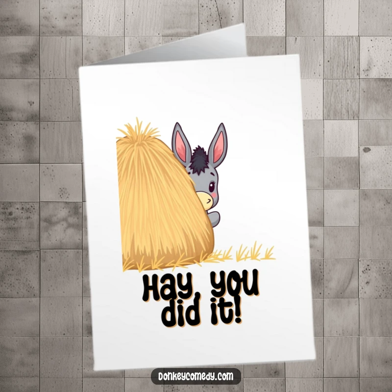 Funny Free Printable Congratulations Card: A donkey reveals itself playfully from behind a haystack, celebrating achievements.