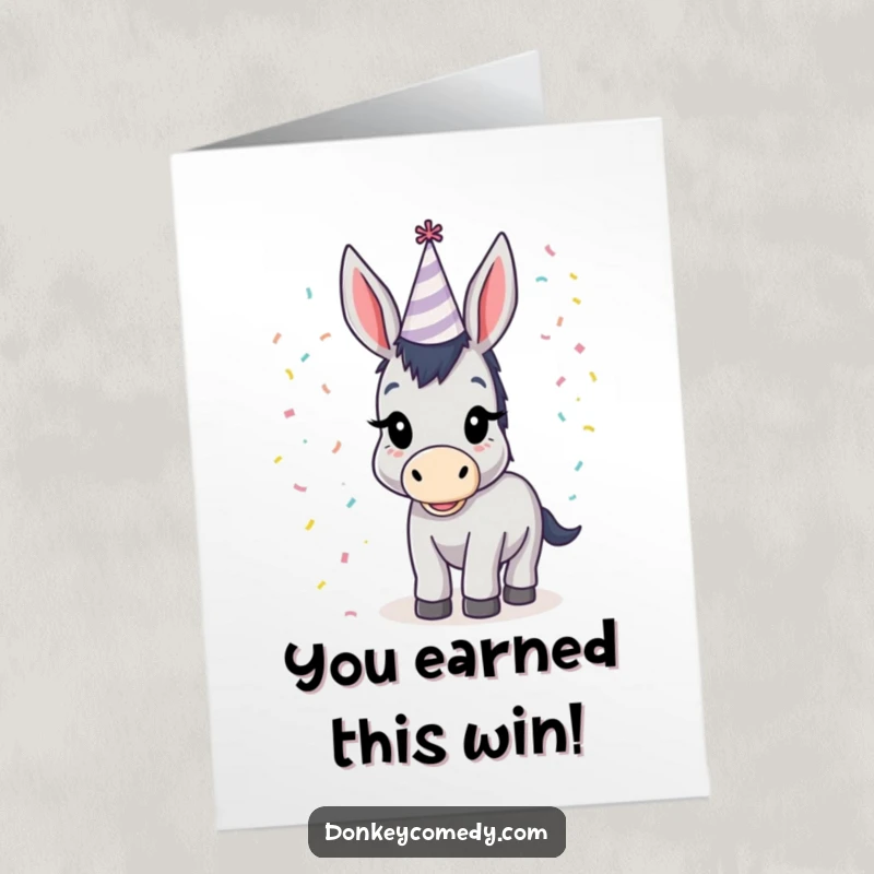 Funny Free Printable Donkey Congratulations Card, a hilarious downloadable greeting featuring a donkey in a party hat, perfect for any celebration.