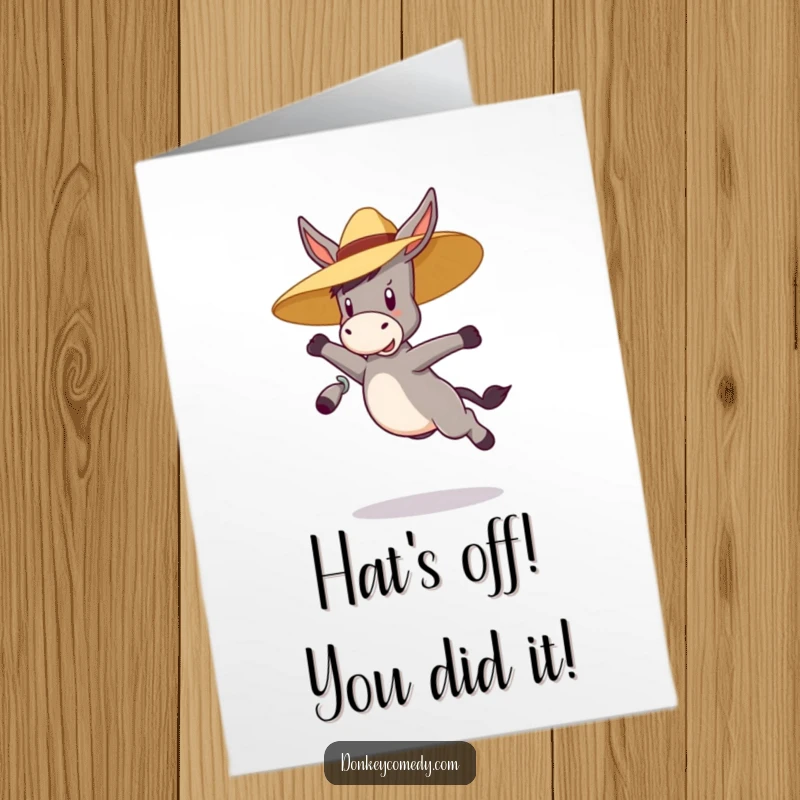 Funny Free Printable Congrats Card: A bouncy donkey jumps high in a straw hat, signifying a triumphant achievement.