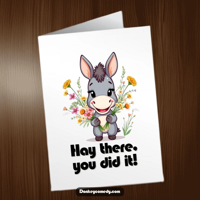 Funny Free Printable Congratulations Card showing a donkey with a big smile holding a bouquet of wildflowers.