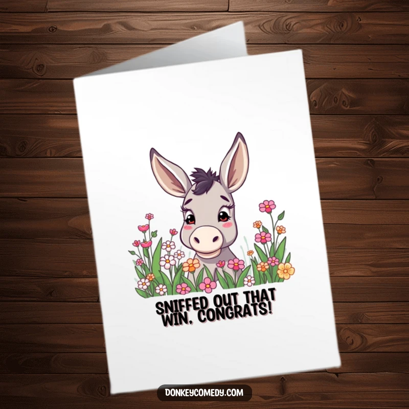 Funny Free Printable Congratulations Card: A donkey with ears high, curiously peering into flowers, celebrating success with a downloadable touch.