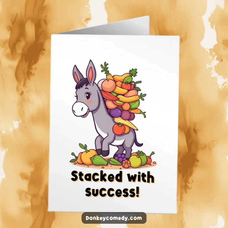 Free Printable Congratulations Card: A donkey looks slightly overwhelmed but proud, balancing a huge heap of assorted farm produce.