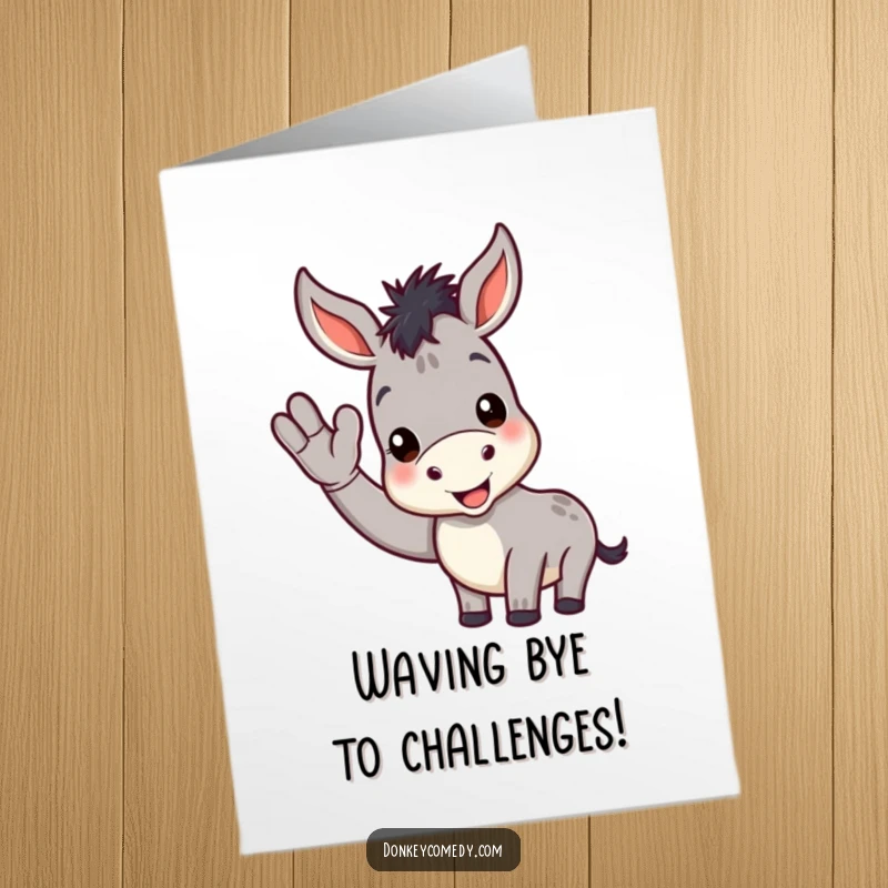 Funny Free Printable Congratulations Card showing a happy donkey giving a welcoming wave with its front hoof, looking very pleased.