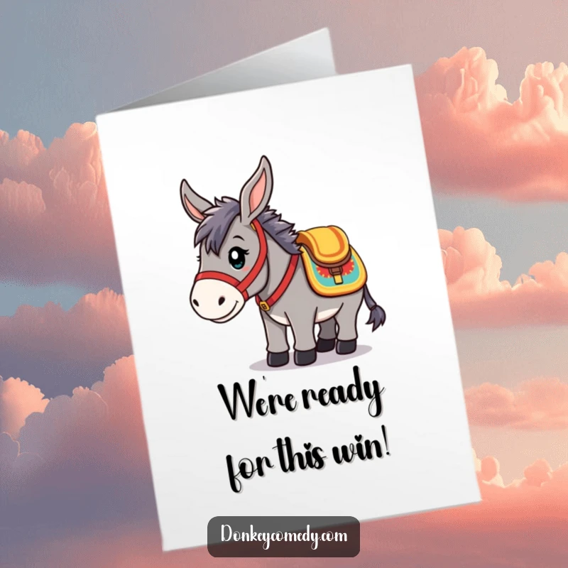 Funny Free Printable Congrats Card: Cute kawaii donkey with a colorful saddle, looking prepared and eager for adventure, downloadable greeting.