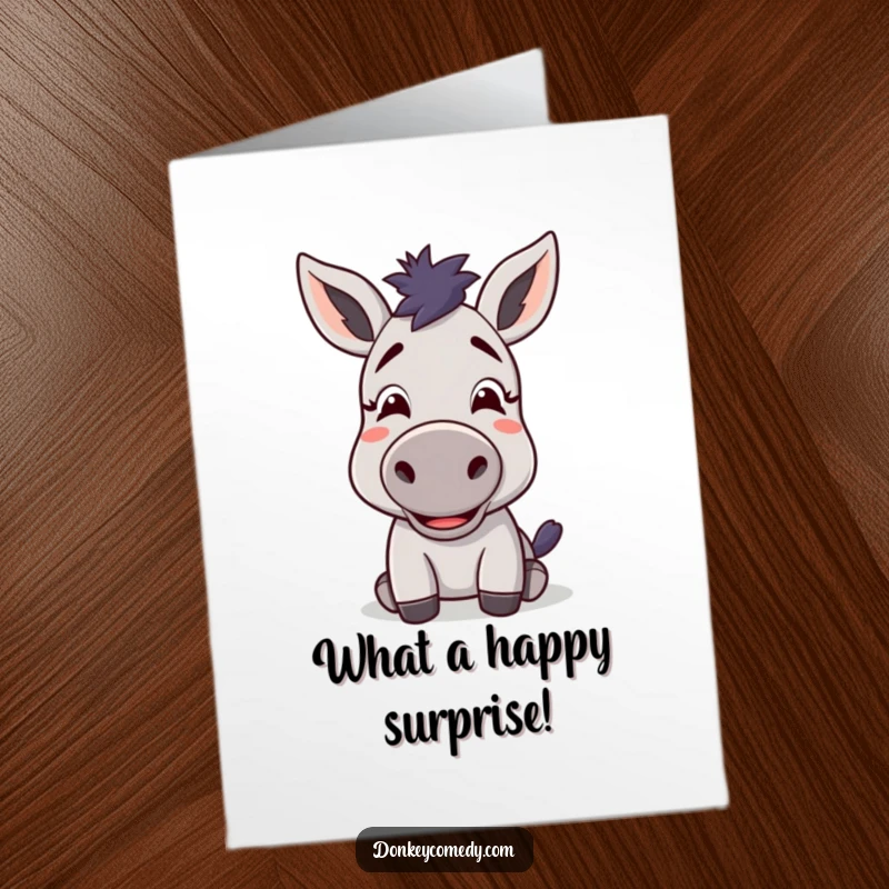Funny free printable congratulations card: A kawaii donkey with a wonderfully confused and delighted look celebrates an unexpected success.