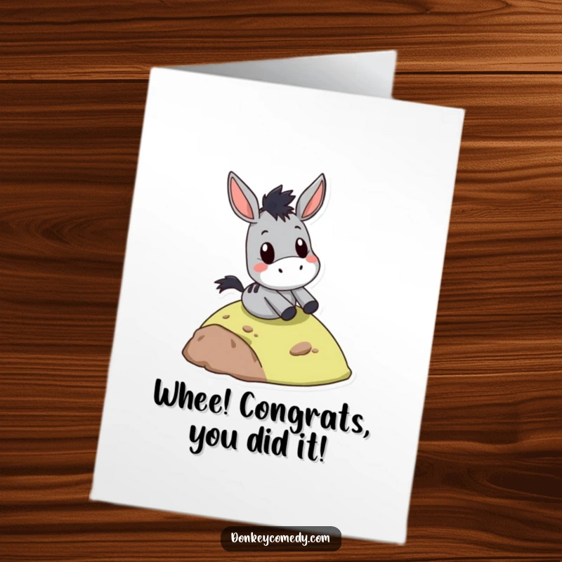 Funny Free Printable Congrats Card: A donkey with a surprised face hurtling down a small hill, celebrating a big win.