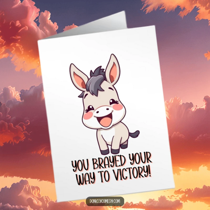 Funny Free Printable Congratulations Card: A cheerful kawaii donkey brays happily, ears alert with amusement and excitement.