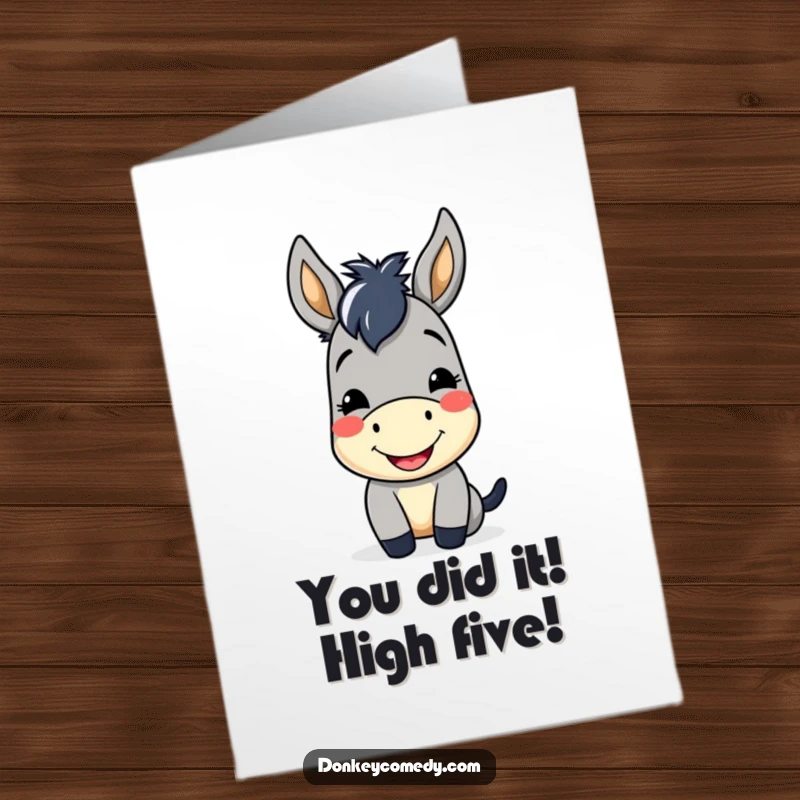 Funny free printable congratulations card showcasing a cheerful kawaii donkey giving a friendly nod, celebrating success with a smile.