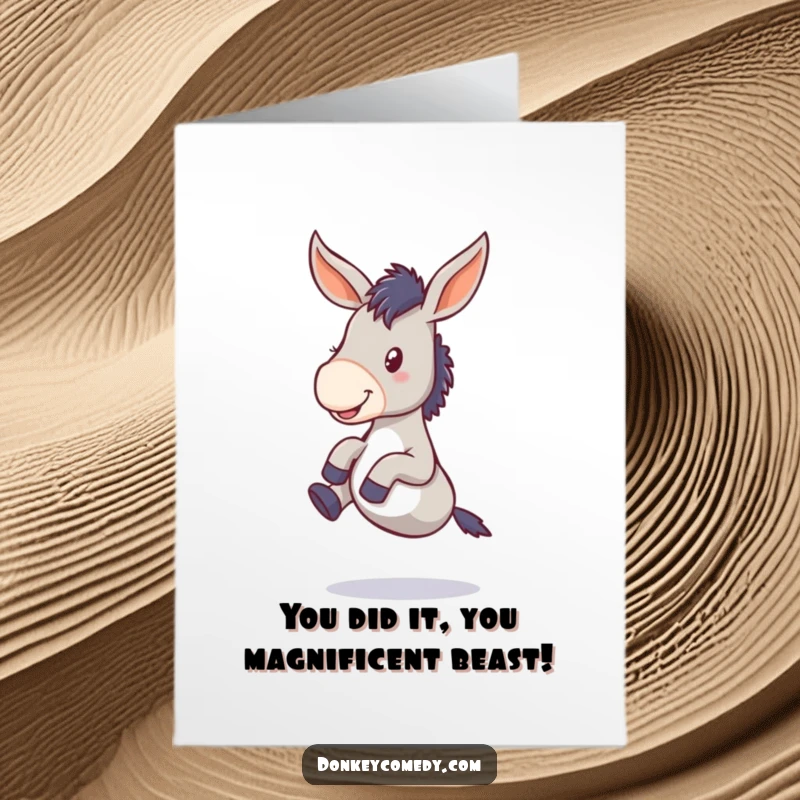 Funny Free Printable Congratulations Card: A joyous donkey with floppy ears gleefully kicking its legs in excitement.