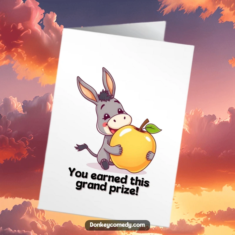 Free Printable Congratulations Card: An overjoyed donkey with a wide grin happily accepting a massive apple, celebrating a win.