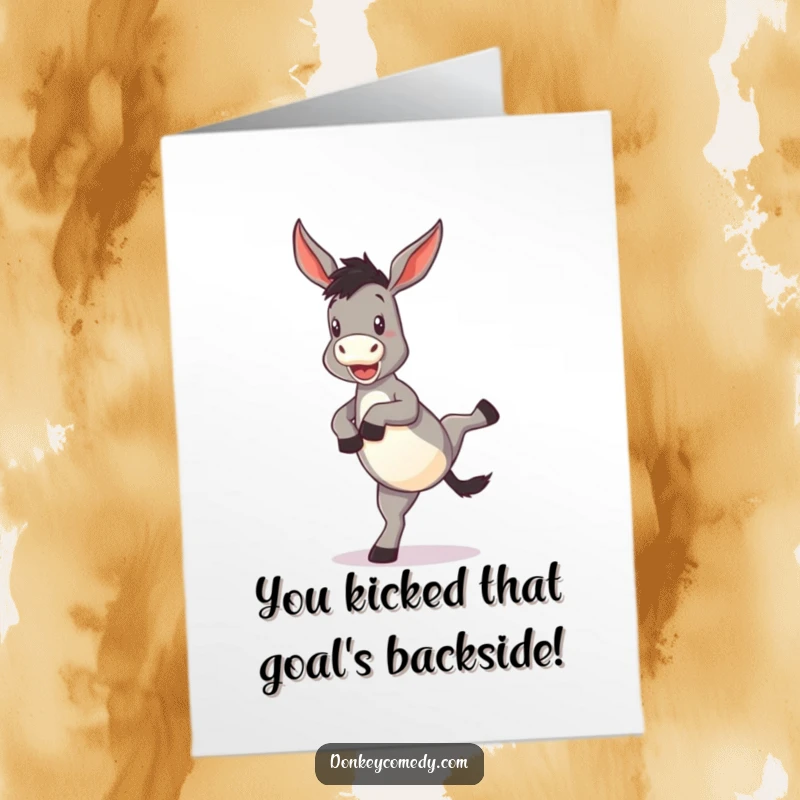 Funny Free Printable Congrats Card: Donkey performing a funny hind leg kick, celebrating a great win.