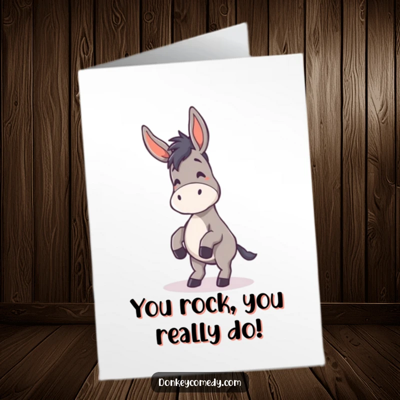 Funny Free Printable Congratulations Card: A donkey busts a move, ears flopping wildly, celebrating your fantastic news.