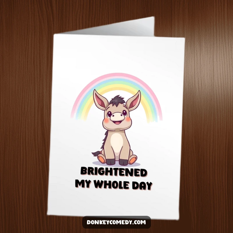 Funny Free Printable Thank You Card: A donkey stares upwards with immense wonder at a stunning, colorful rainbow.
