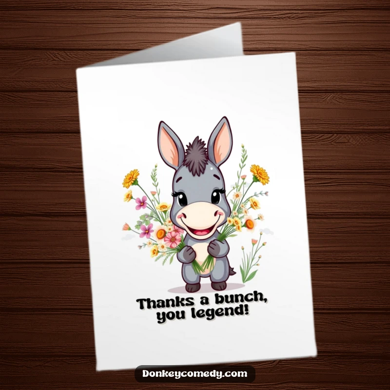 Free Printable Thank You Card with a smiling donkey holding a vibrant bouquet of wildflowers, perfect for expressing gratitude.