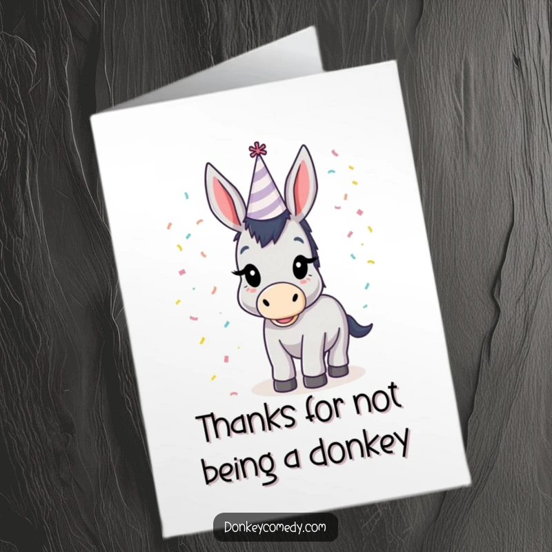 Funny Free Printable Donkey Thank You Card, a charming downloadable greeting with a party-hatted donkey, ideal for expressing appreciation.