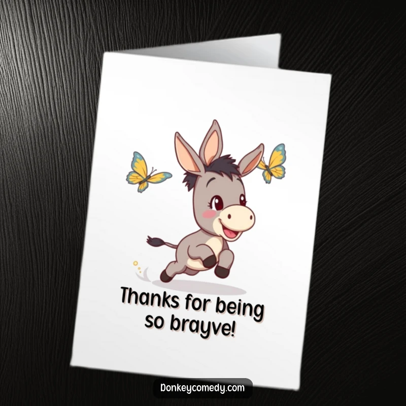 Funny Free Printable Thank You Card: A donkey happily chases a butterfly, conveying heartfelt thanks with humor.