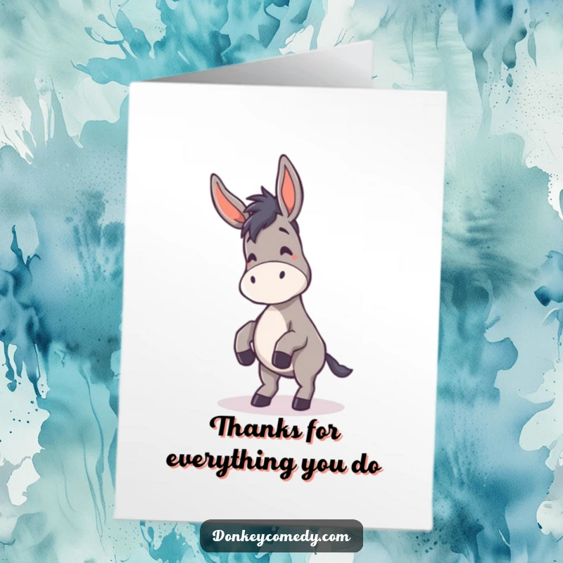 Funny Free Printable Thank You Card: A donkey happily dances, ears flapping, sending a cheerful thank you.