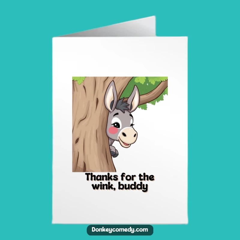 Free Printable Thank You Card: Donkey Peeking Around Tree, Cheeky Greeting Download