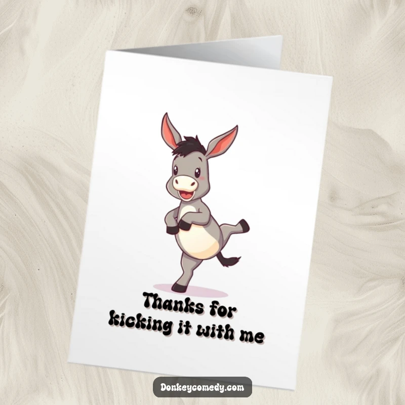 Funny Free Printable Thank You Card: Donkey doing a quirky kick, conveying thanks with a playful spirit.