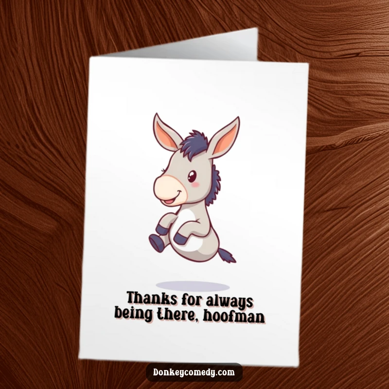 Funny Free Printable Thank You Card: A cute donkey with floppy ears joyfully kicking its legs in appreciation.