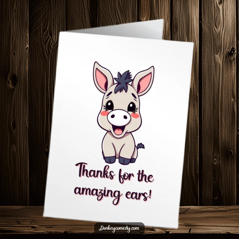 Funny Free Printable Thank You Card: Kawaii donkey with giant ears joyfully braying thanks, a downloadable expression of appreciation.