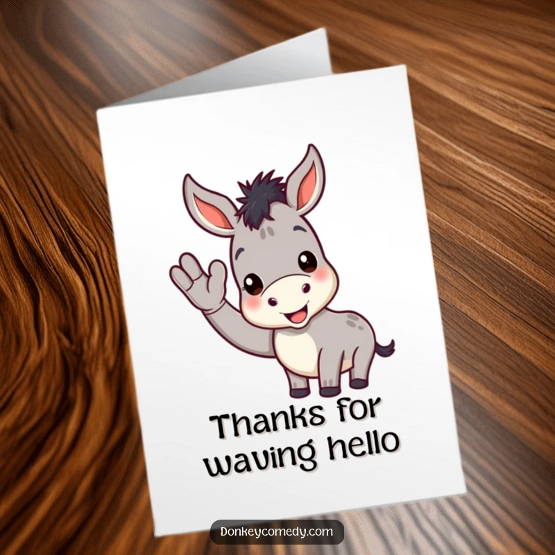 Funny Free Printable Thank You Card with a smiling donkey extending a hoof in a friendly wave, full of good cheer.
