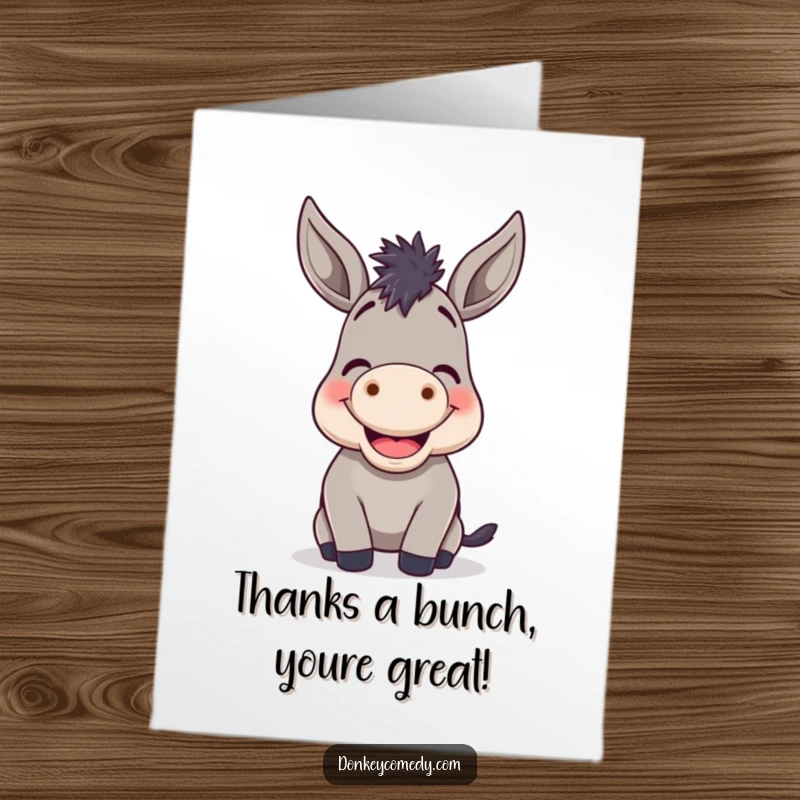 Funny Free Printable Thank You Card: A donkey with a wide, silly grin, ready to express thanks with a bray.