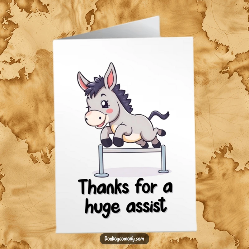 Funny free printable thank you card of a donkey leaping over a hurdle, conveying thanks for a big effort.